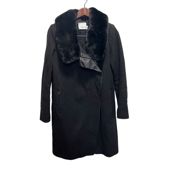 Vince Genuine Rabbit Fur Collar Lamb Leather Asymmetrical Wool Black Coat XS - Picture 2 of 16
